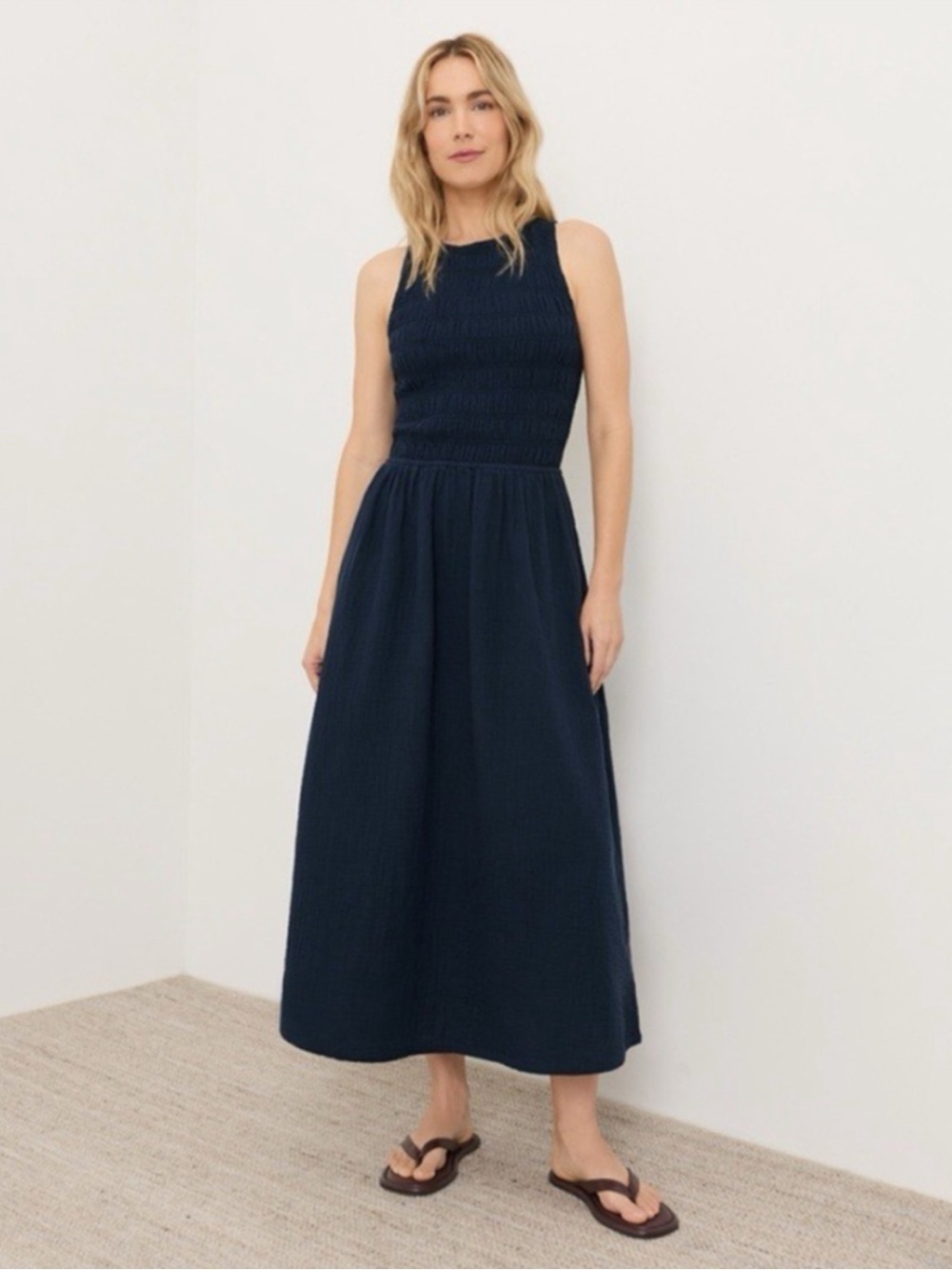 Pact Organic Double Gauze Cotton Navy Blue Midi Dress Large
